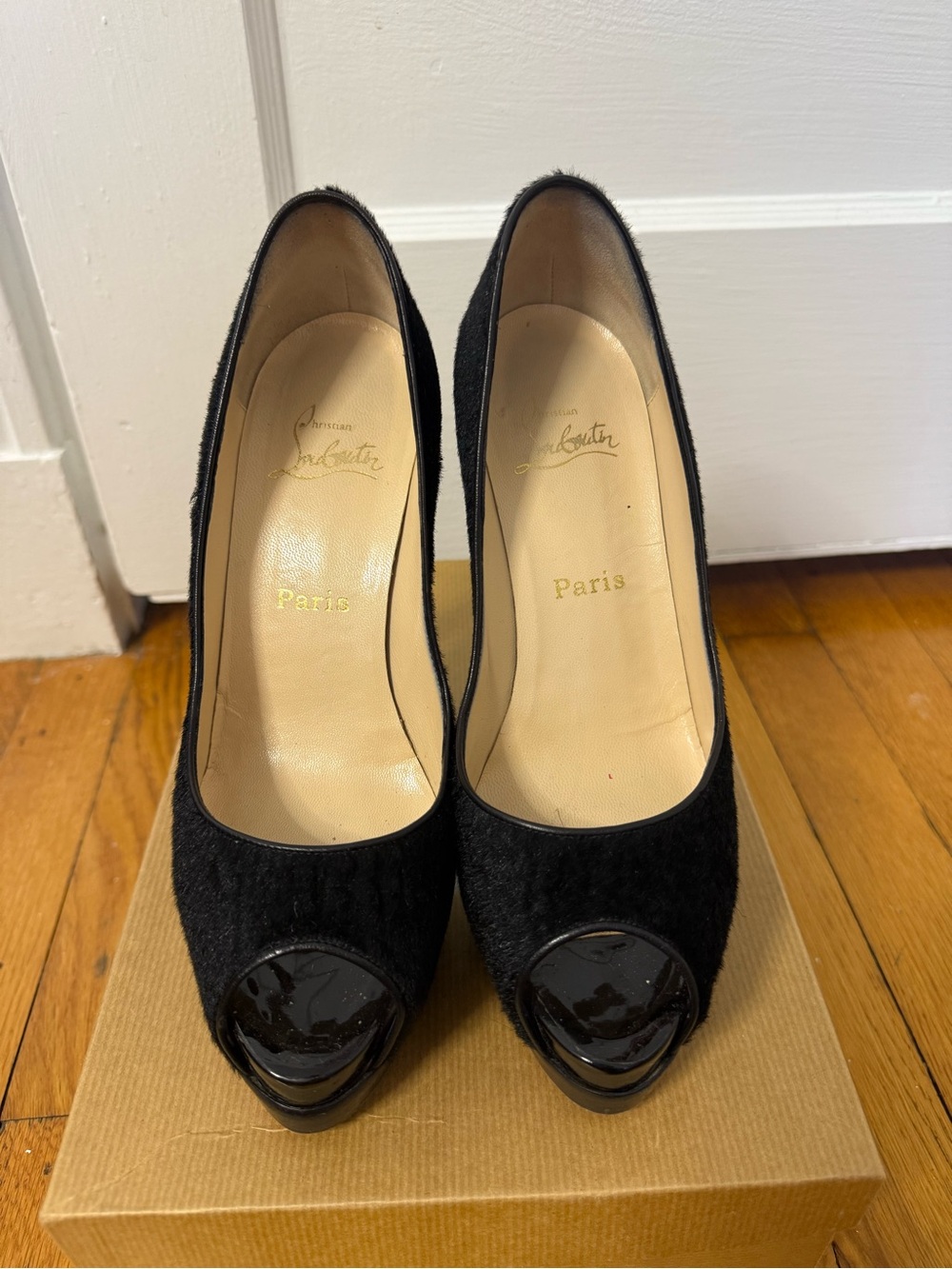 Christian Louboutin Black Peep-Toe Pumps with Patent Toe Cap